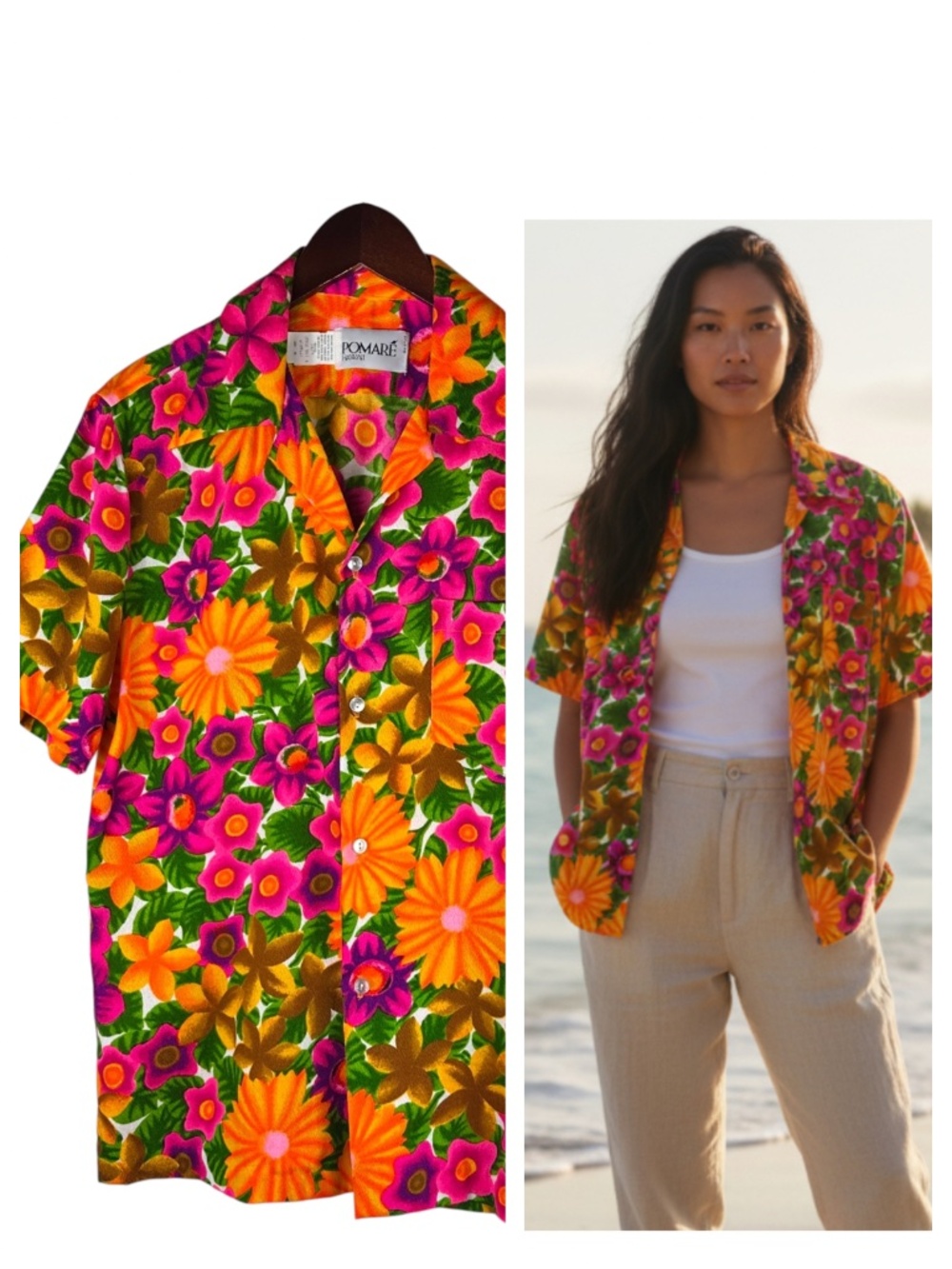 RARE Vtg 60s Pomare Hawaiian Shirt Top Sz Medium Barkcloth Floral Tiki Luau